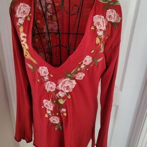 Women's Red Floral Embroidered V-Neck Top